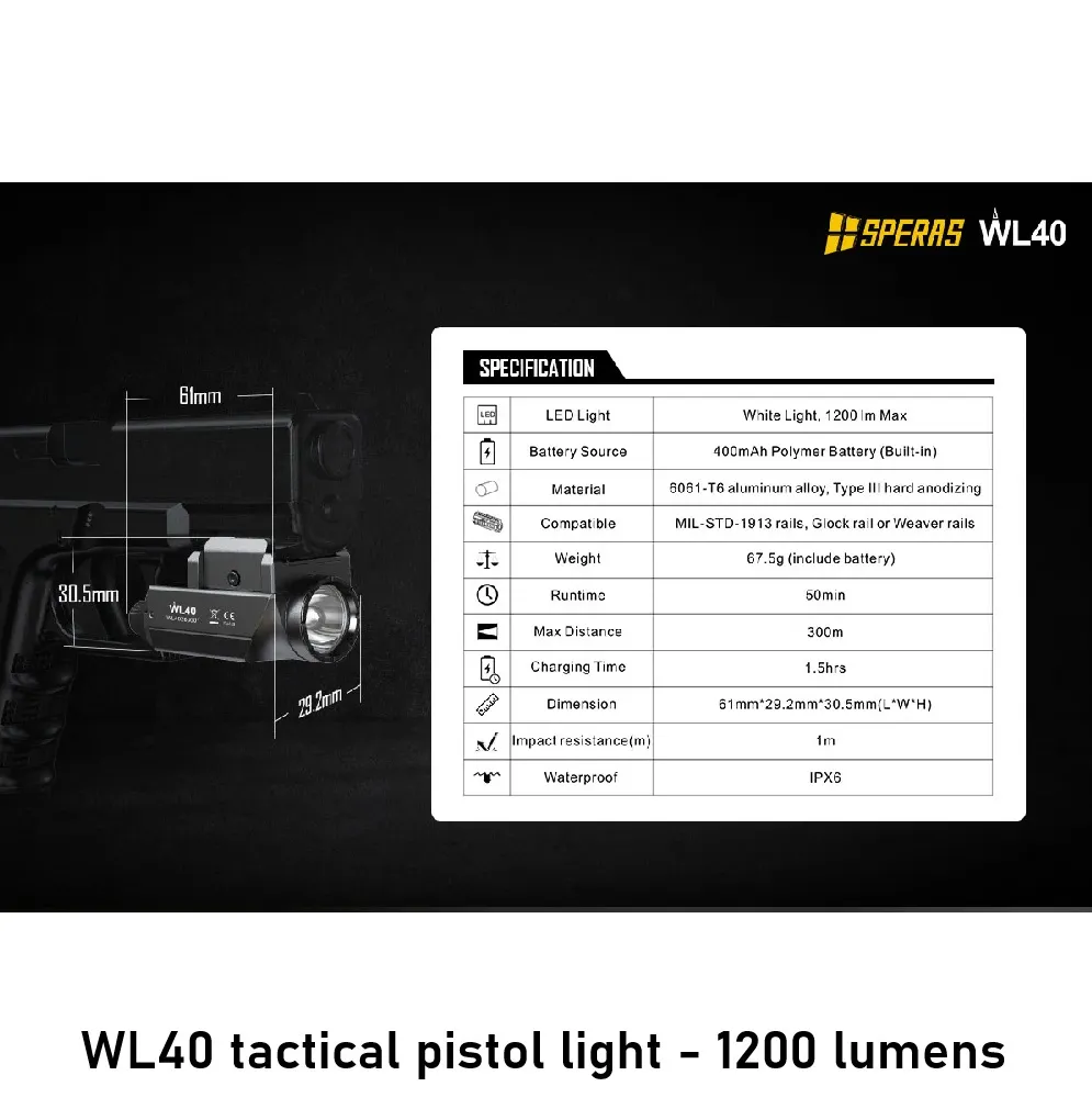 WL40 tactical pistol light - 1200 lumens pic 4.webp